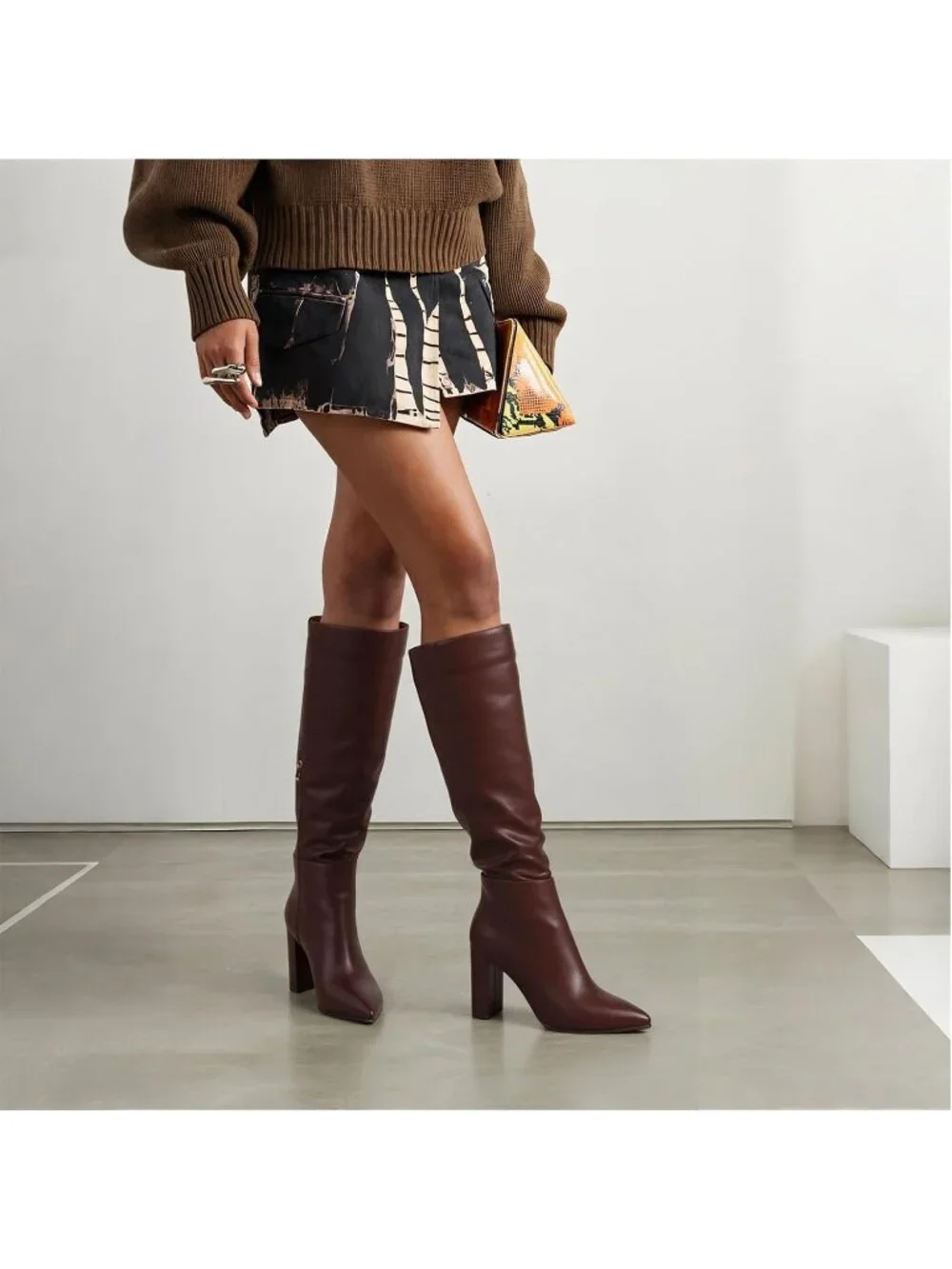 Women's Dark Brown Chunky Heel Pointed Toe Non Slip Side Zipper Knee High Boots